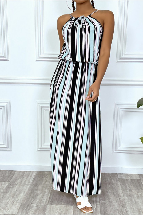 Long black dress with turquoise stripe, high collar and elasticated waist - 6