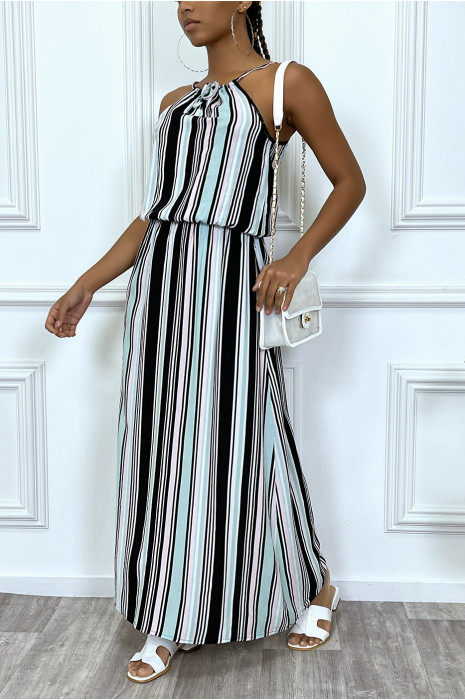 Robe longue noir rayure turquoise à col montant et elastique à la taille - 8