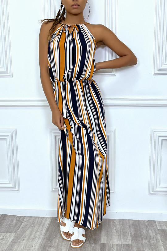 Long black mustard striped dress with high collar and elasticated waist - 2