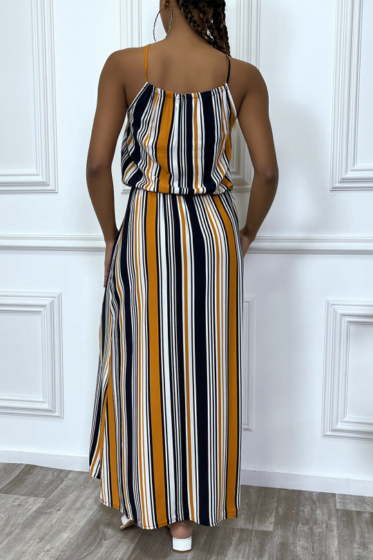 Long black mustard striped dress with high collar and elasticated waist - 3