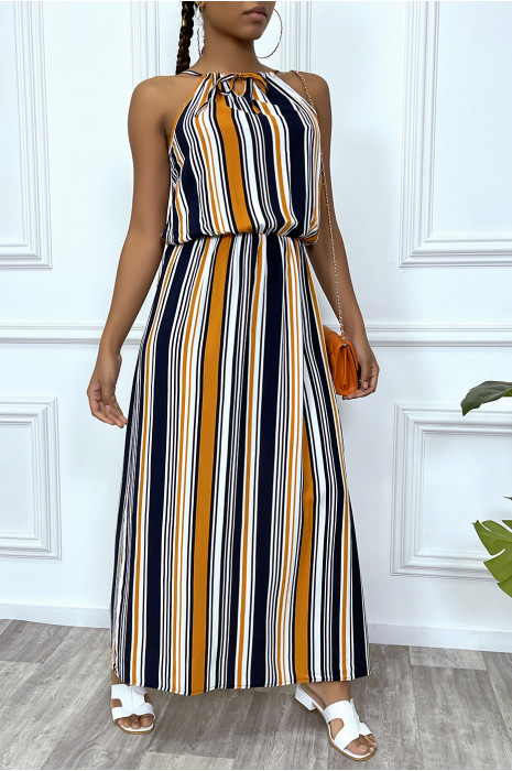Robe longue marine rayure moutarde à col montant et elastique à la taille - 6