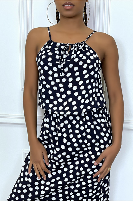Long black dress with small white polka dots, high collar and elastic at the waist - 2