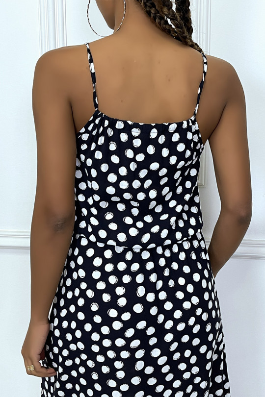 Long black dress with small white polka dots, high collar and elastic at the waist - 3