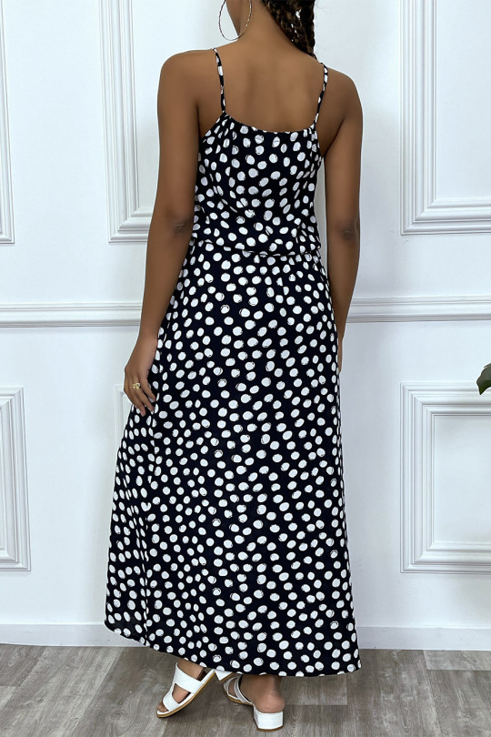 Long black dress with small white polka dots, high collar and elastic at the waist - 4