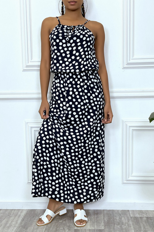 Long black dress with small white polka dots, high collar and elastic at the waist - 5