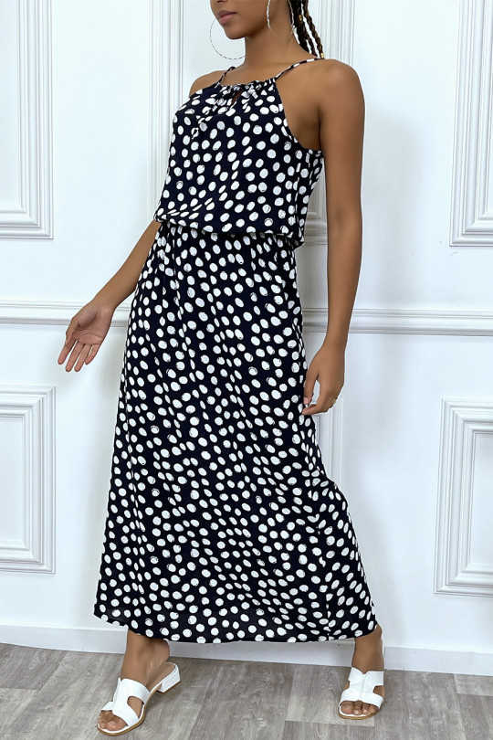 Long black dress with small white polka dots, high collar and elastic at the waist - 6