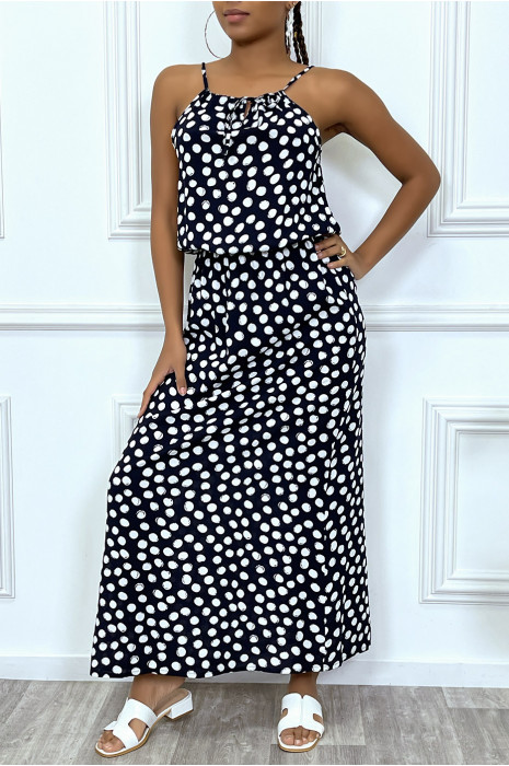 Long black dress with small white polka dots, high collar and elastic at the waist - 7
