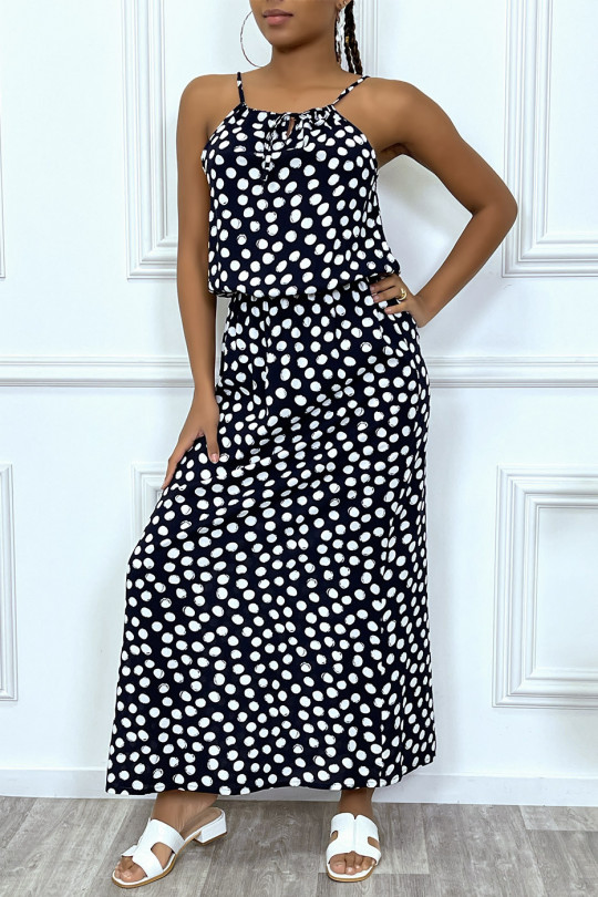 Long black dress with small white polka dots, high collar and elastic at the waist - 7