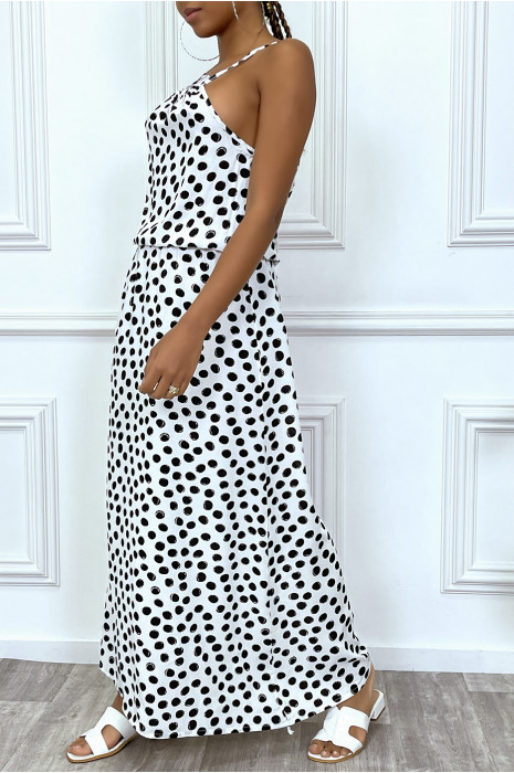 White long dress with small black polka dots high collar and elastic at the waist - 6