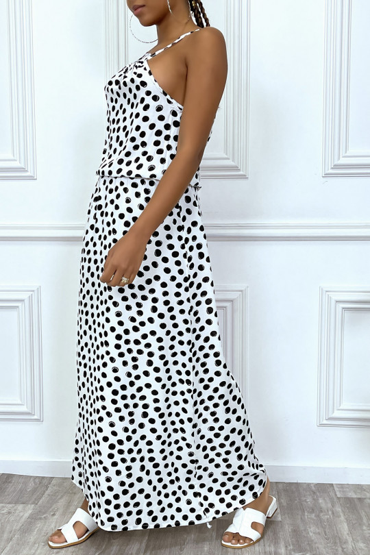 Witte lange jurk met kleine zwarte stippen hoge kraag en elastiek in de taille - 6
