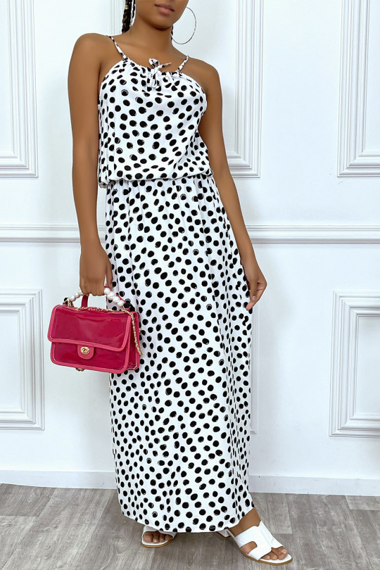 White long dress with small black polka dots high collar and elastic at the waist - 8