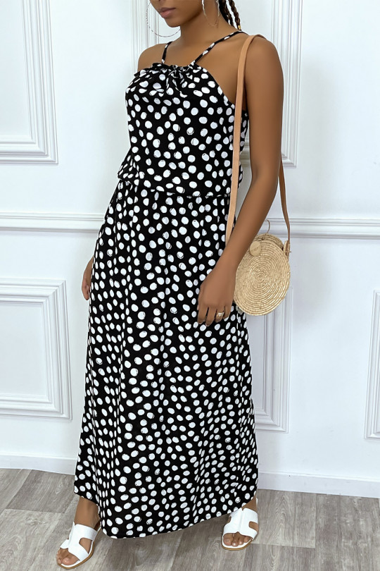 Long navy dress with small white polka dots high collar and elastic at the waist - 1