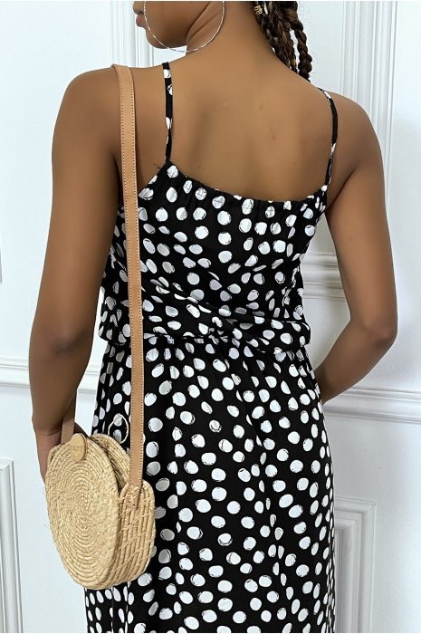 Long navy dress with small white polka dots high collar and elastic at the waist - 3