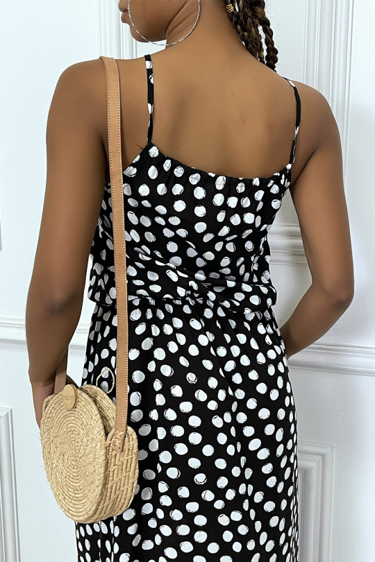 Long navy dress with small white polka dots high collar and elastic at the waist - 3
