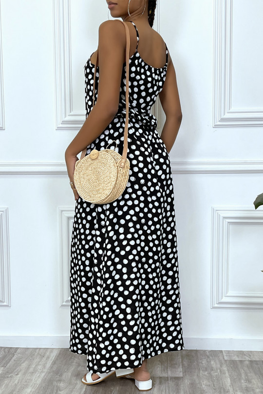 Long navy dress with small white polka dots high collar and elastic at the waist - 4
