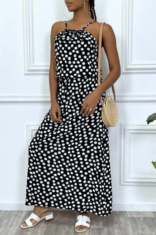 Long navy dress with small white polka dots high collar and elastic at the waist - 5