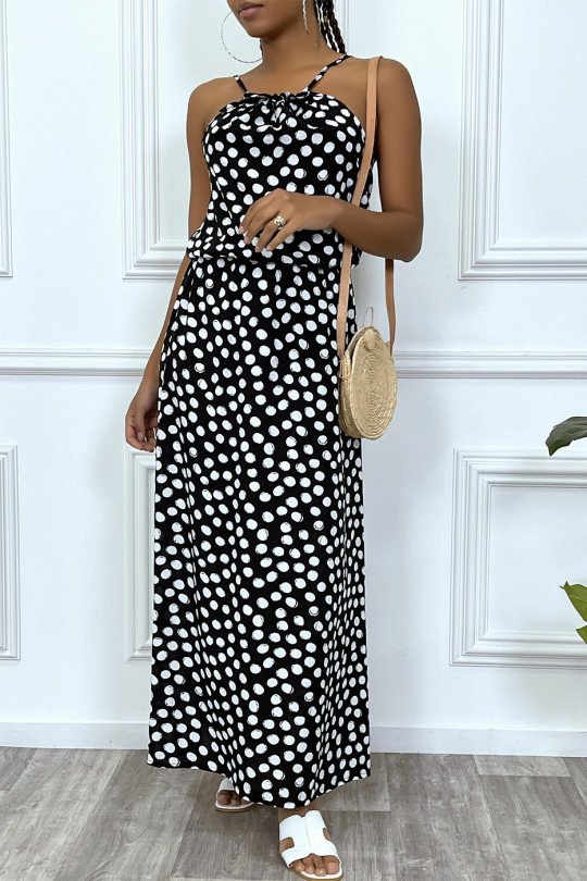 Long navy dress with small white polka dots high collar and elastic at the waist - 6
