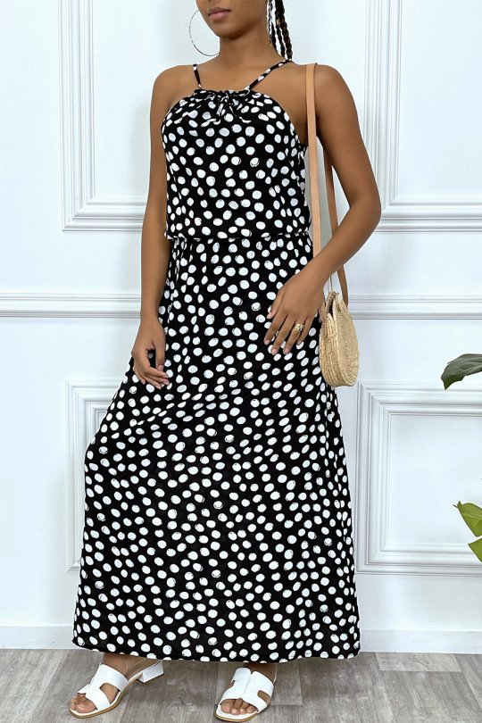 Long navy dress with small white polka dots high collar and elastic at the waist - 7