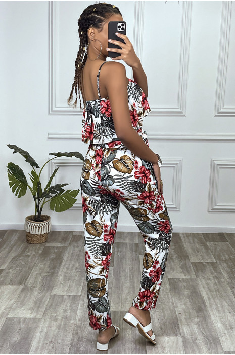 Combinaison pantalon fleuri blanche avec volant et bretelles reglables - 2