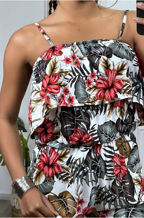 Combinaison pantalon fleuri blanche avec volant et bretelles reglables - 5