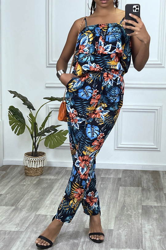 Navy floral jumpsuit with ruffle and adjustable straps - 1