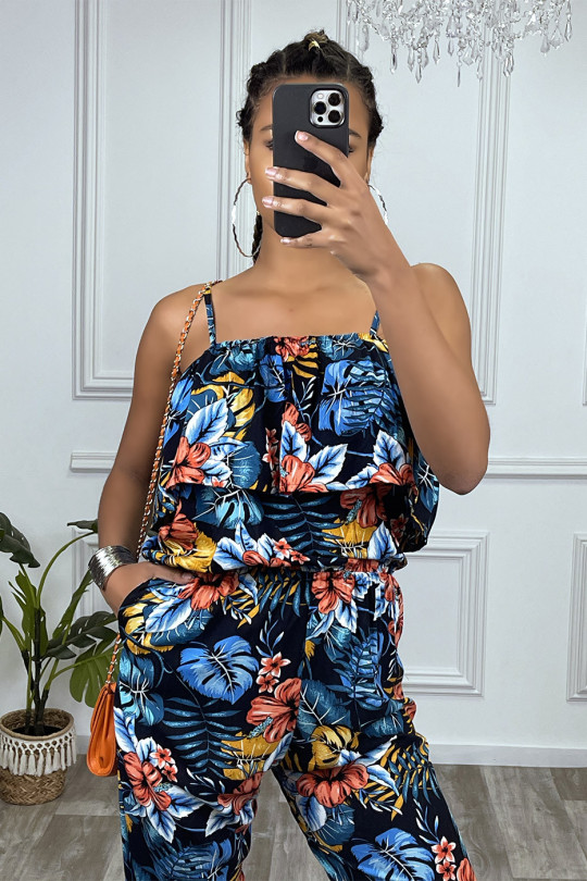Navy floral jumpsuit with ruffle and adjustable straps - 3