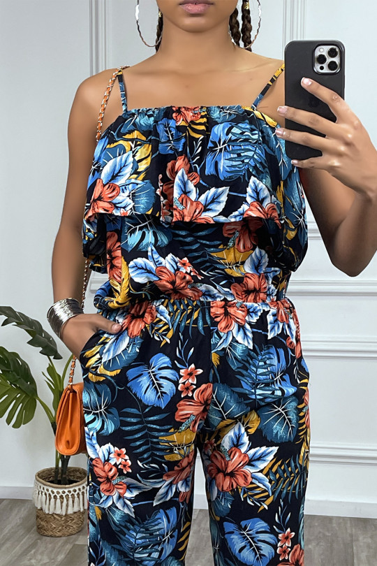 Navy floral jumpsuit with ruffle and adjustable straps - 4