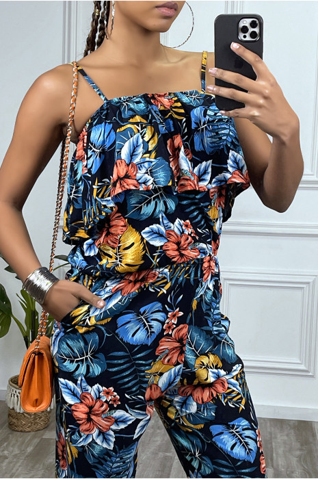 Navy gebloemde jumpsuit met ruches en verstelbare bandjes - 5