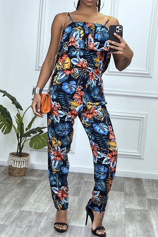 Navy floral jumpsuit with ruffle and adjustable straps - 6