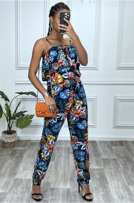 Navy gebloemde jumpsuit met ruches en verstelbare bandjes - 7
