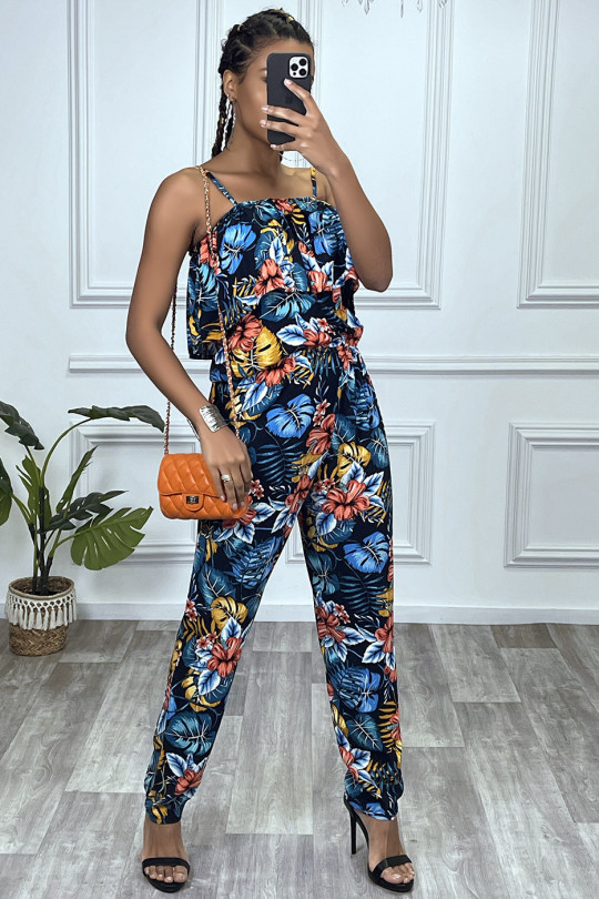 Navy floral jumpsuit with ruffle and adjustable straps - 7