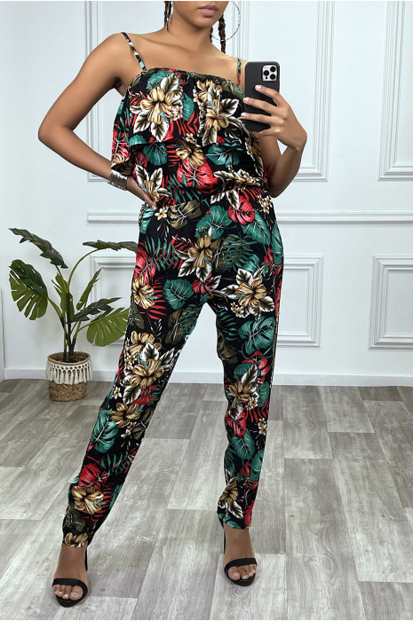 Combinaison pantalon fleuri noir avec volant et bretelles reglables - 1