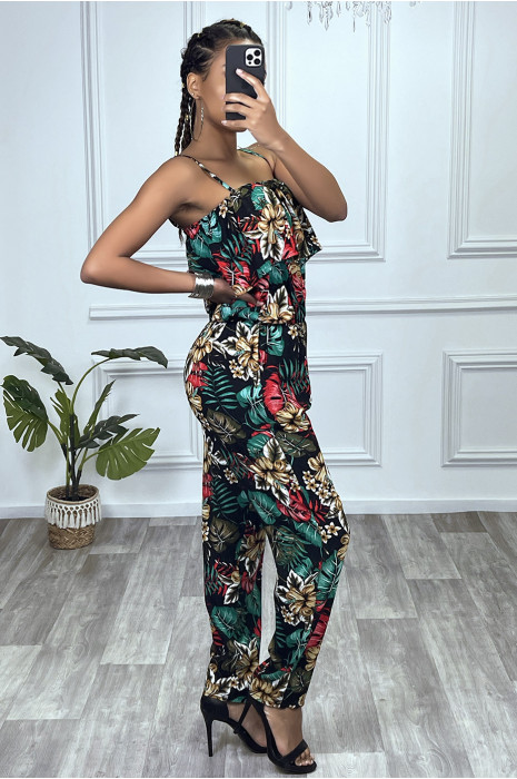 Combinaison pantalon fleuri noir avec volant et bretelles reglables - 2