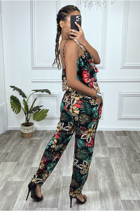 Combinaison pantalon fleuri noir avec volant et bretelles reglables - 3