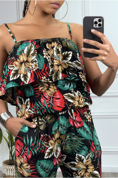 Combinaison pantalon fleuri noir avec volant et bretelles reglables - 4