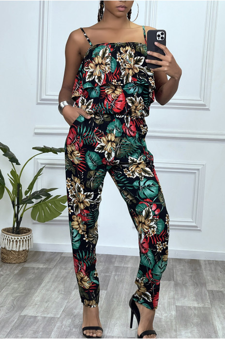 Combinaison pantalon fleuri noir avec volant et bretelles reglables - 5