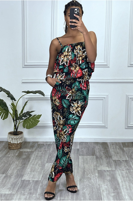 Combinaison pantalon fleuri noir avec volant et bretelles reglables - 7
