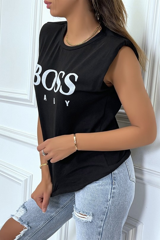 T-shirt noir en coton avec épaulettes et écriture BOSS Lady - 4
