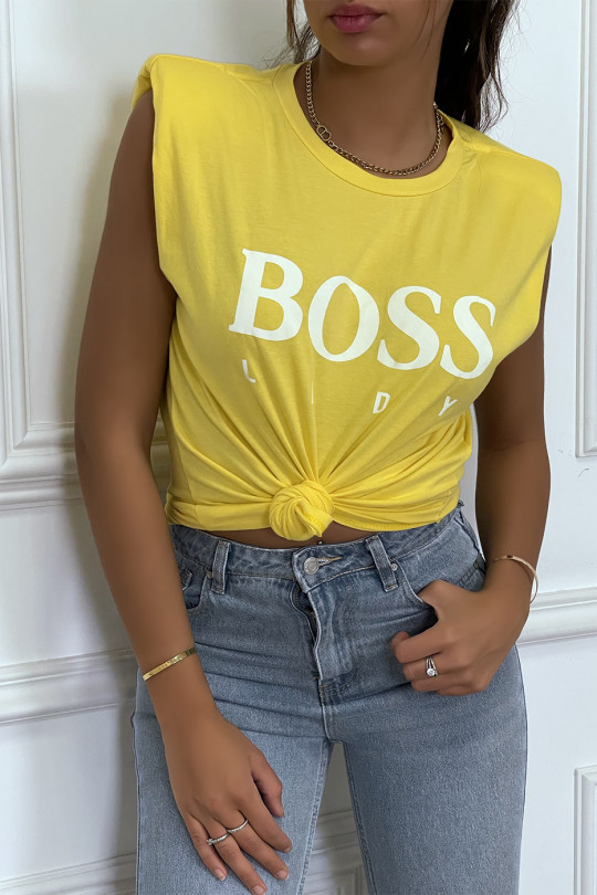 T-shirt jaune en coton avec épaulettes et écriture BOSS Lady - 1