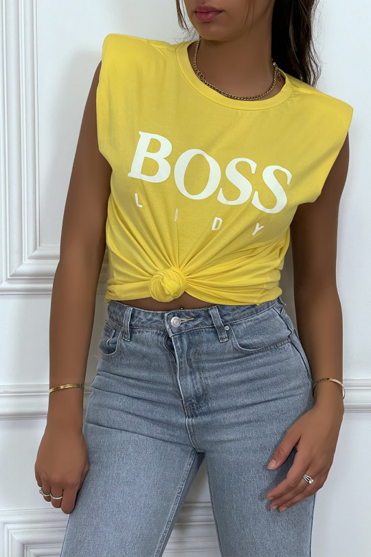T-shirt jaune en coton avec épaulettes et écriture BOSS Lady - 2