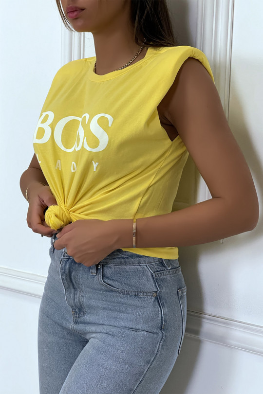 T-shirt jaune en coton avec épaulettes et écriture BOSS Lady - 3