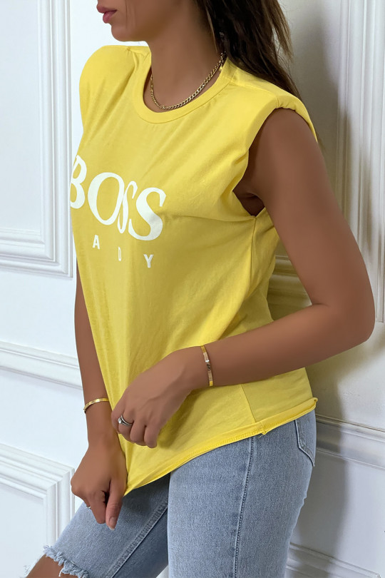 T-shirt jaune en coton avec épaulettes et écriture BOSS Lady - 5