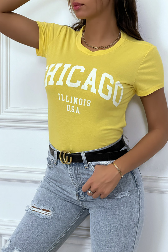 T-shirt jaune en coton avec écriture CHICAGO. T-shirt femme - 1