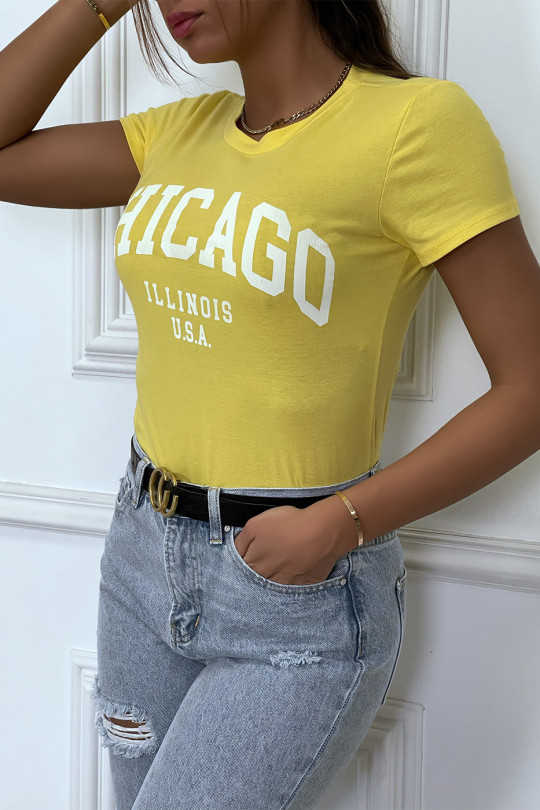 T-shirt jaune en coton avec écriture CHICAGO. T-shirt femme - 2
