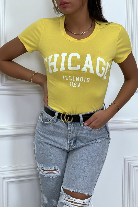 T-shirt jaune en coton avec écriture CHICAGO. T-shirt femme - 3