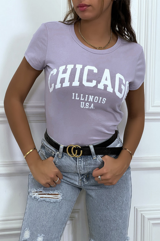 Lilac cotton T-shirt with CHICAGO writing. Women's t-shirt - 2