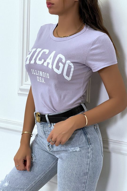 Lilac cotton T-shirt with CHICAGO writing. Women's t-shirt - 3