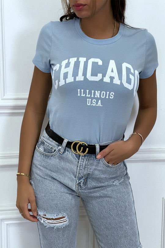 T-shirt turquoise en coton avec écriture CHICAGO. T-shirt femme - 1