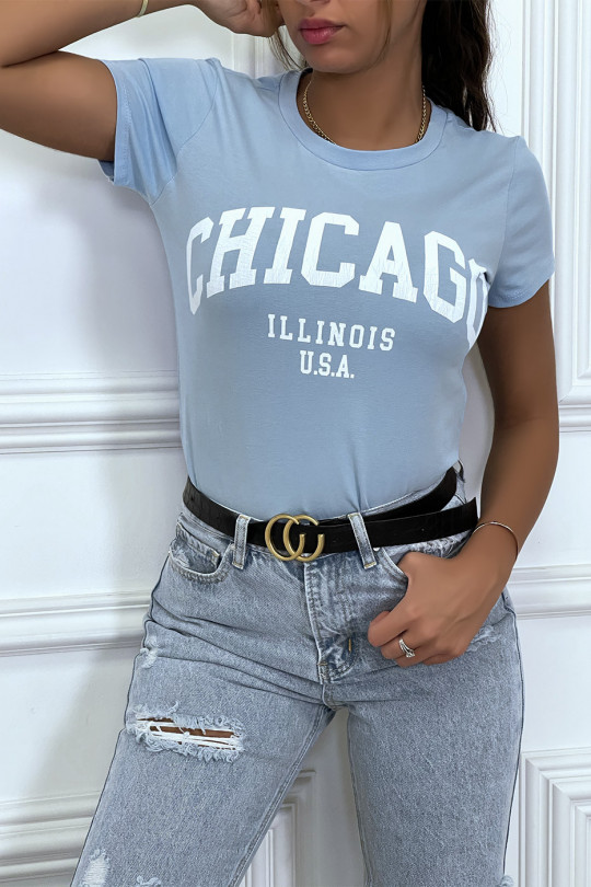 T-shirt turquoise en coton avec écriture CHICAGO. T-shirt femme - 2