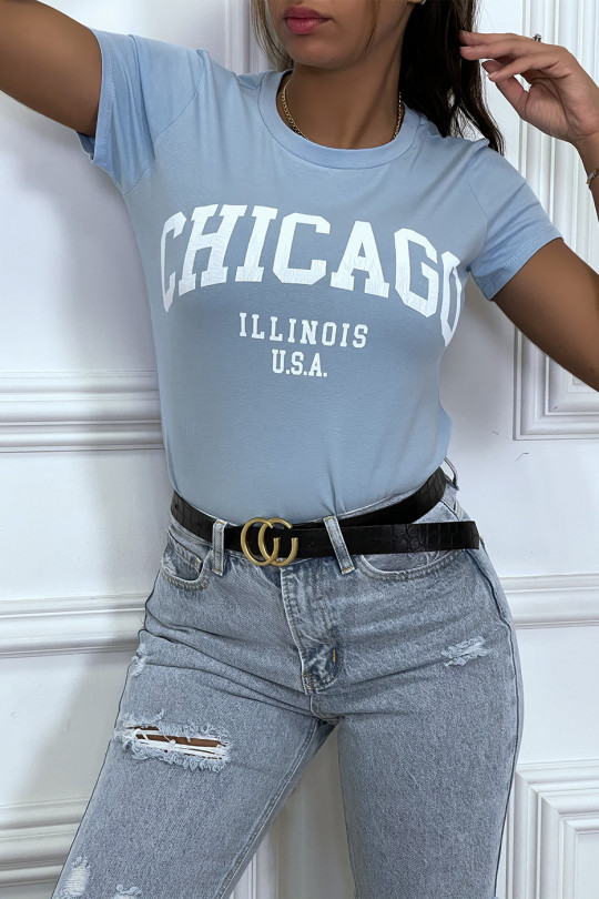 Turquoise cotton T-shirt with CHICAGO writing. Women's t-shirt - 3
